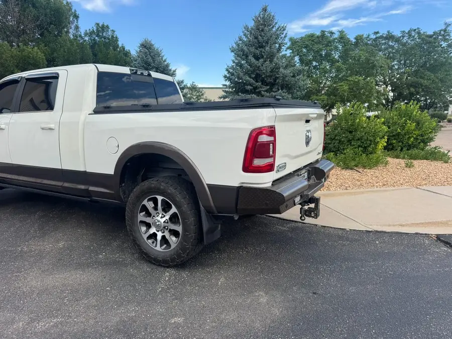 White Ram HD pickup, rear three-quarter view