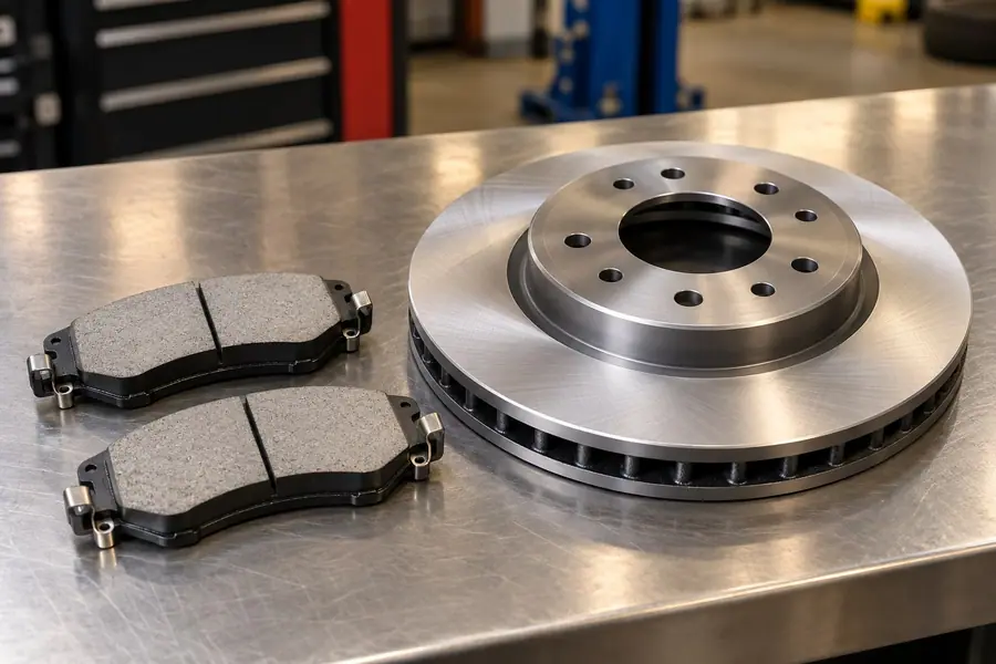 A new pair of ceramic brake pads next to a new brake rotor on a shop workbench