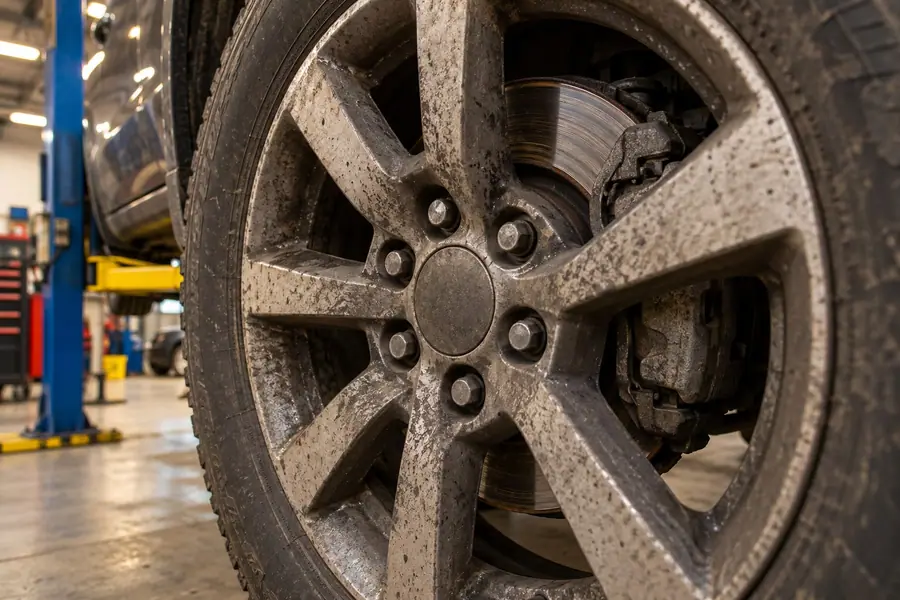 Brake dust on a truck wheel in front of a worn, scored rotor