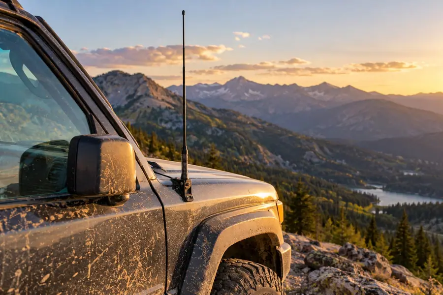 A whip antenna mounted on the fender of an off-road SUV at a mountain overlook