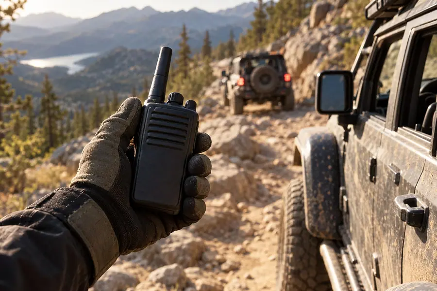 A gloved hand holding a handheld two-way radio beside a 4x4 on a mountain trail