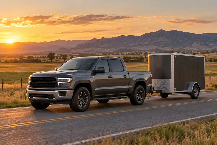 A leveled full-size pickup towing a small trailer on a farm road with foothills behind