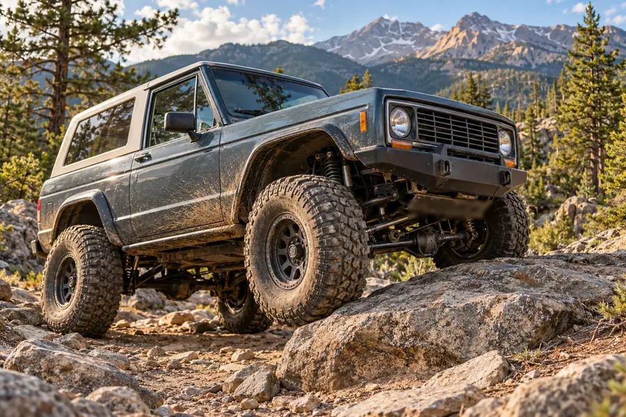 A lifted two-door SUV on 35-inch tires flexing over a rocky ledge