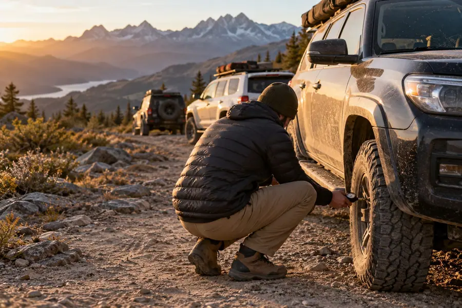 Letting air out of the tires of a stock off-road SUV at a dirt trailhead