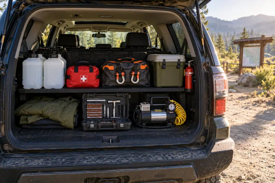 An SUV cargo area packed with water, first aid kit, recovery bag, extinguisher and air compressor