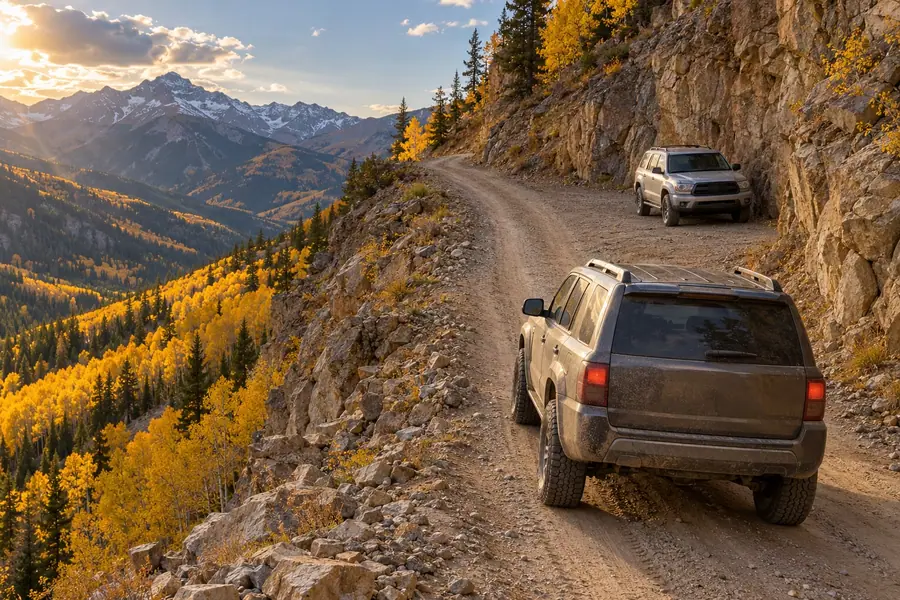 A 4x4 pulled over on a narrow shelf road so an uphill vehicle can pass