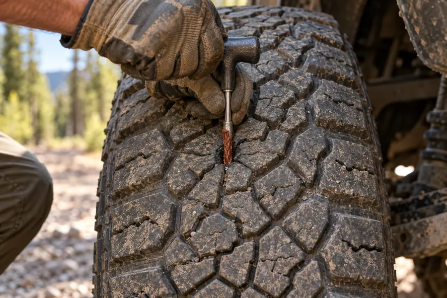 Hands inserting a rope plug into a punctured off-road tire on the trail