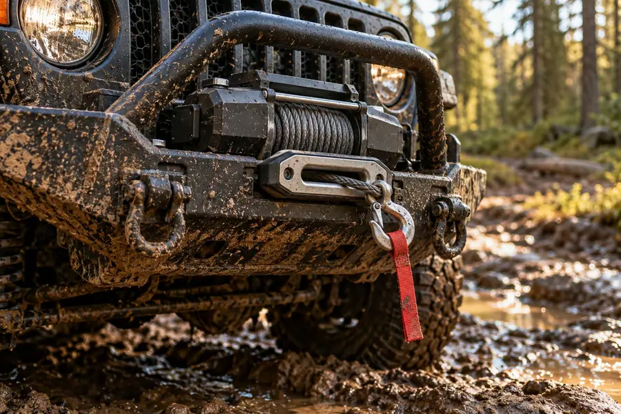 A winch with synthetic line mounted on a steel off-road bumper
