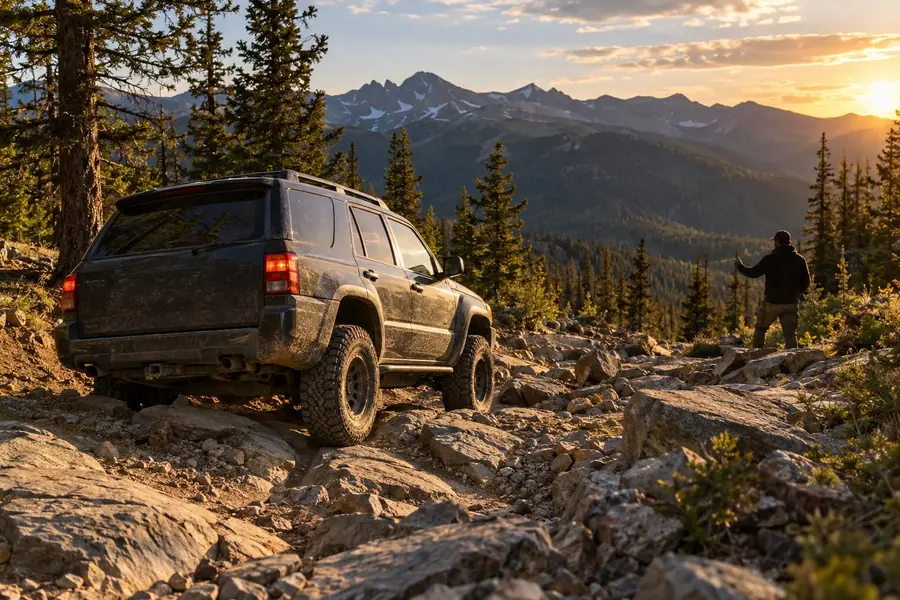 An off-road SUV crawling through a rocky section of a mountain trail with a spotter ahead