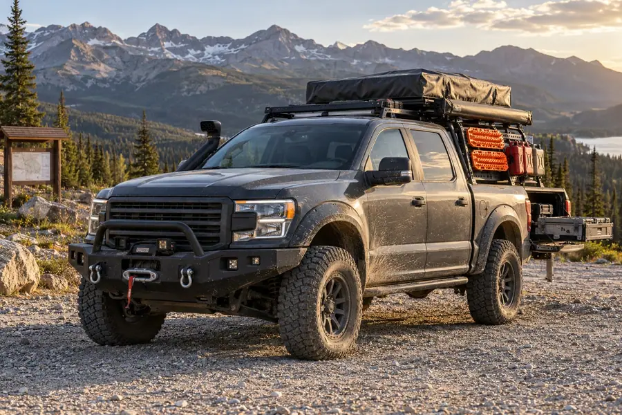 A full-size pickup loaded for overlanding with a steel bumper, bed rack, rooftop tent and gear