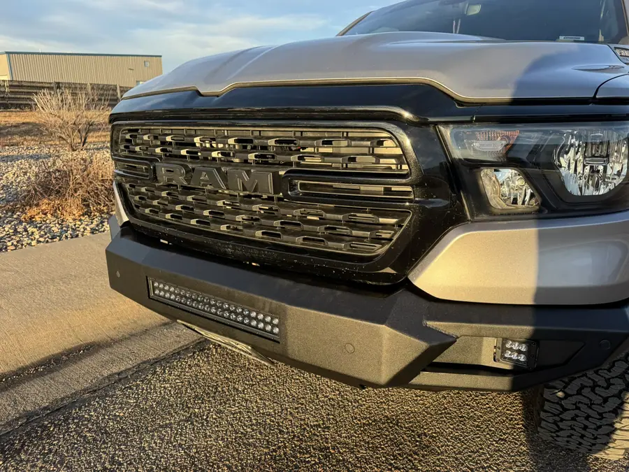 Rough Country steel front bumper with a light bar on a Ram 1500
