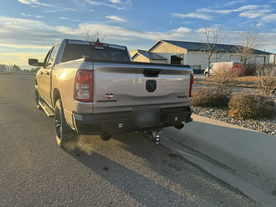 Rough Country steel rear bumper with pod lights on a Ram 1500