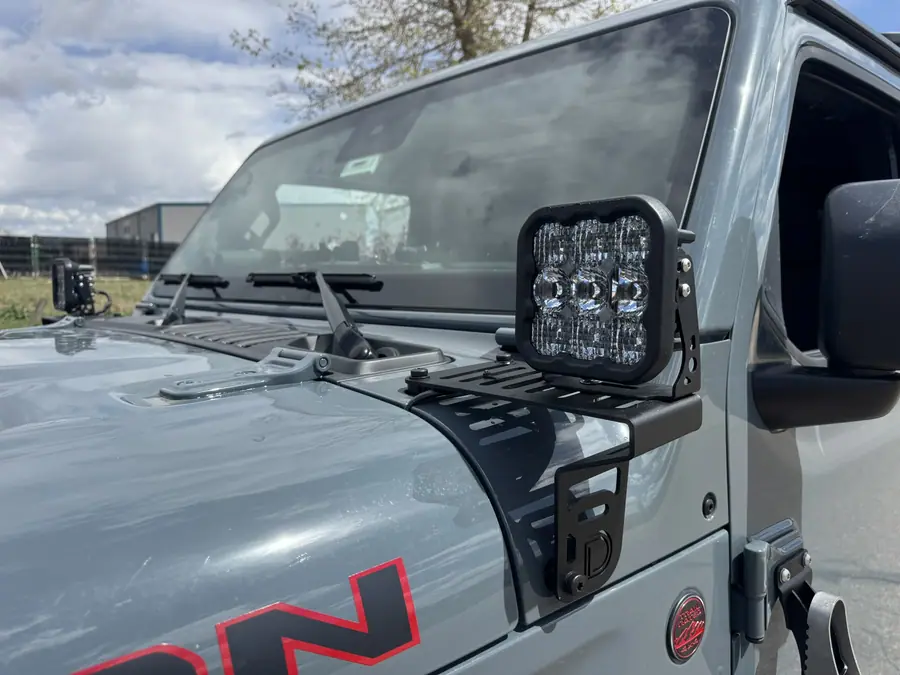 Diode Dynamics SS5 LED pod mounted on the A-pillar of a 2024 Jeep Wrangler Rubicon