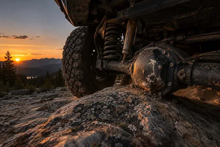 Scarred heavy-duty differential cover sliding over a rock