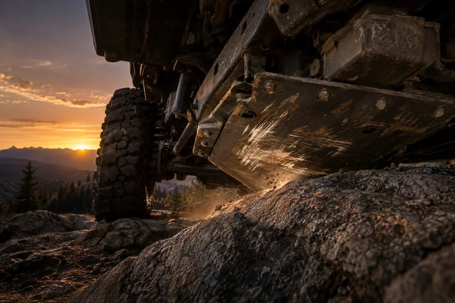 Steel skid plate sliding over a granite ledge under a lifted Jeep