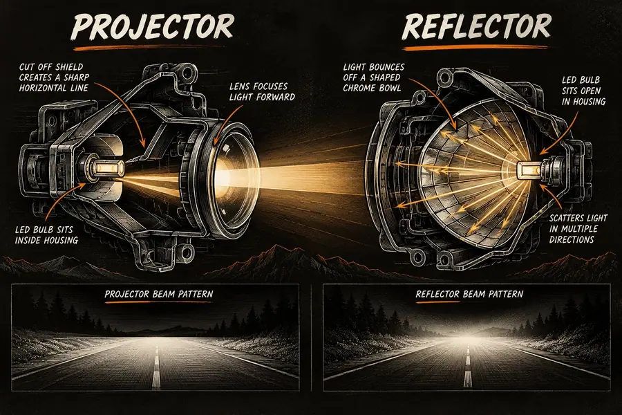 Illustration comparing a projector headlight, where a cutoff shield and lens make a sharp horizontal beam, with a reflector headlight, where light bounces off a chrome bowl and scatters