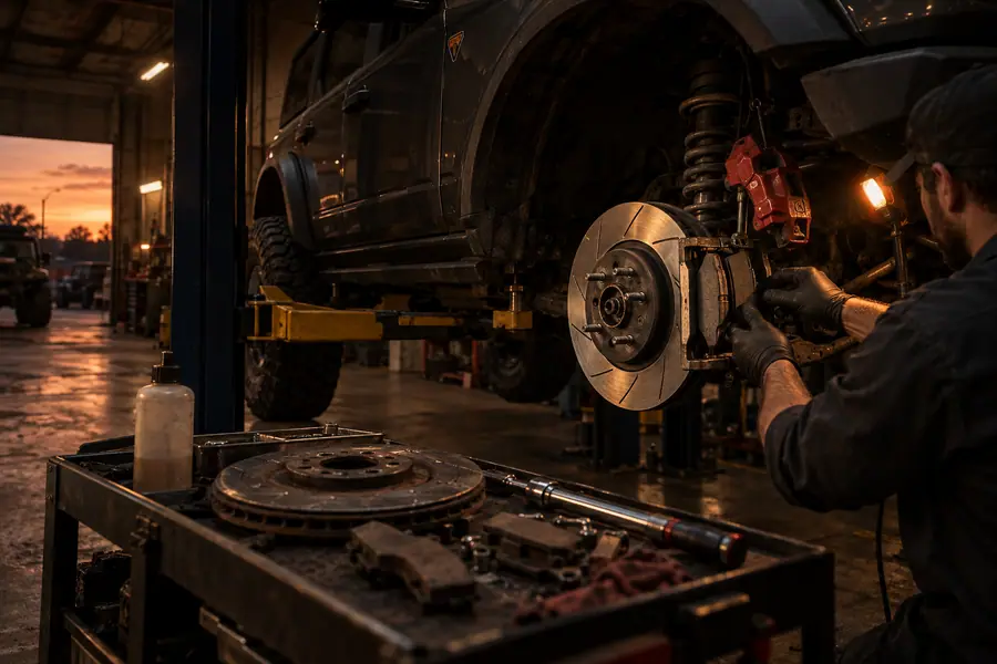 New slotted brake rotor and caliper on a lifted Bronco