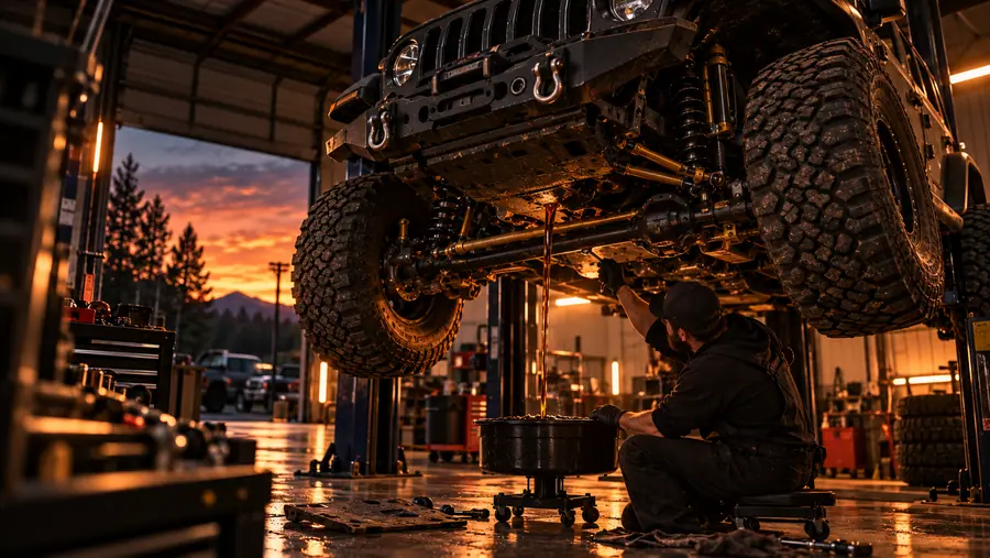 Oil draining from a lifted Jeep on a two-post lift