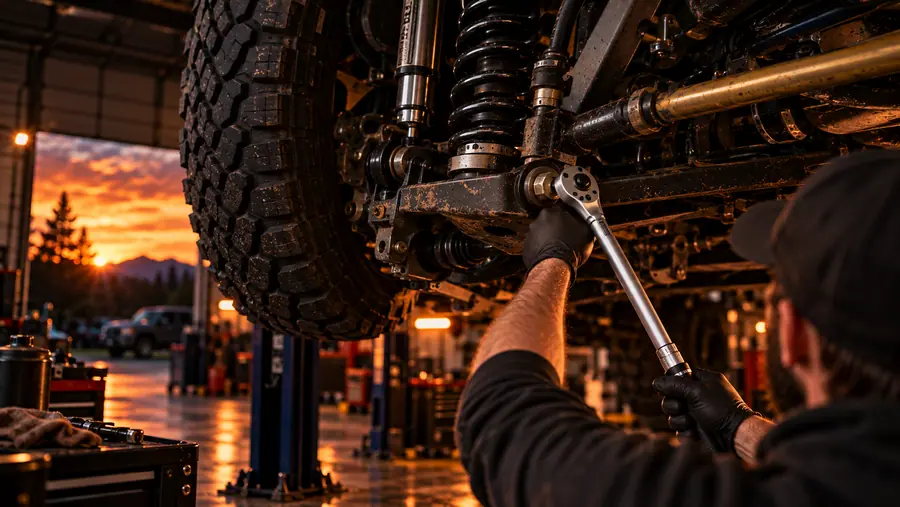 Mechanic torquing suspension hardware on a lifted Tacoma