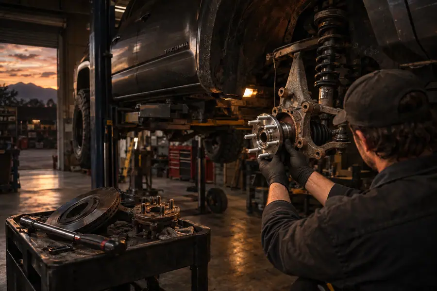 New wheel bearing hub assembly going onto a Tacoma steering knuckle