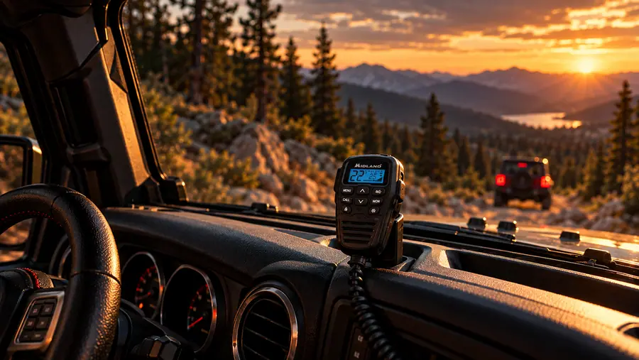 Midland MicroMobile GMRS mic mounted on the dash of a Jeep on a mountain trail
