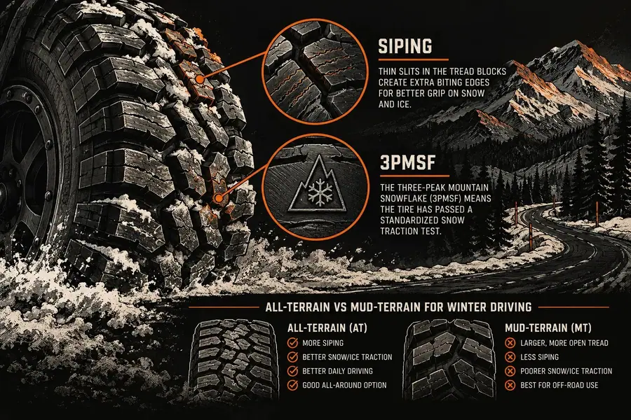 Illustration explaining tire siping and the three-peak mountain snowflake symbol, with a comparison of all-terrain and mud-terrain tires for winter driving