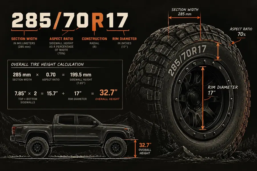Diagram breaking down the tire size 285/70R17 into section width, aspect ratio, radial construction and rim diameter, with the overall height calculation of 32.7 inches