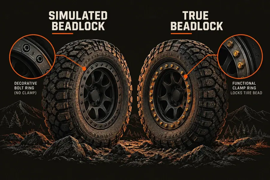 Illustration comparing a simulated beadlock wheel with a decorative bolt ring to a true beadlock wheel with a functional clamp ring that locks the tire bead