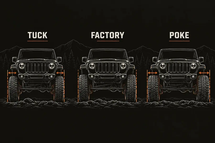 Illustration of three lifted Jeeps comparing tucked, factory and poked wheel stance, with arrows showing how far the tires sit inside or outside the fenders
